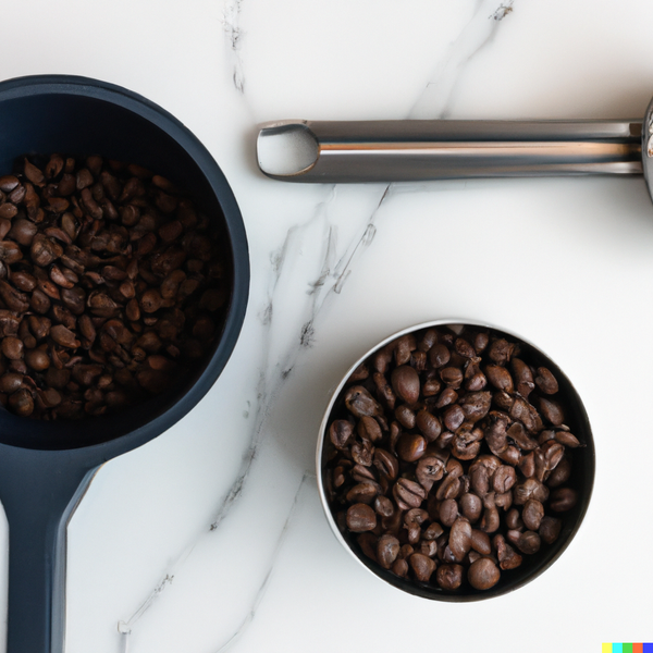 A flatlay of coffee beans in two separate bowls, with a coffee scoop. hyper realistic. Generated by DALL-E